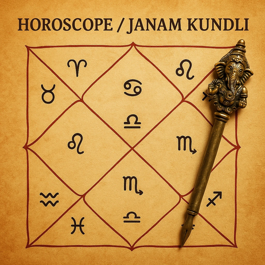 Horoscope chart with zodiac signs and Ganesha pen – Janam Kundli astrology service